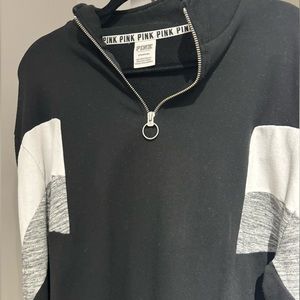VS PINK Quarter Zip Sweater with black, grey and white sleeves.